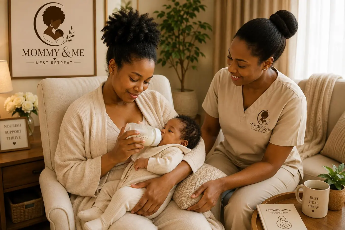 A mother receiving feeding support from a care specialist