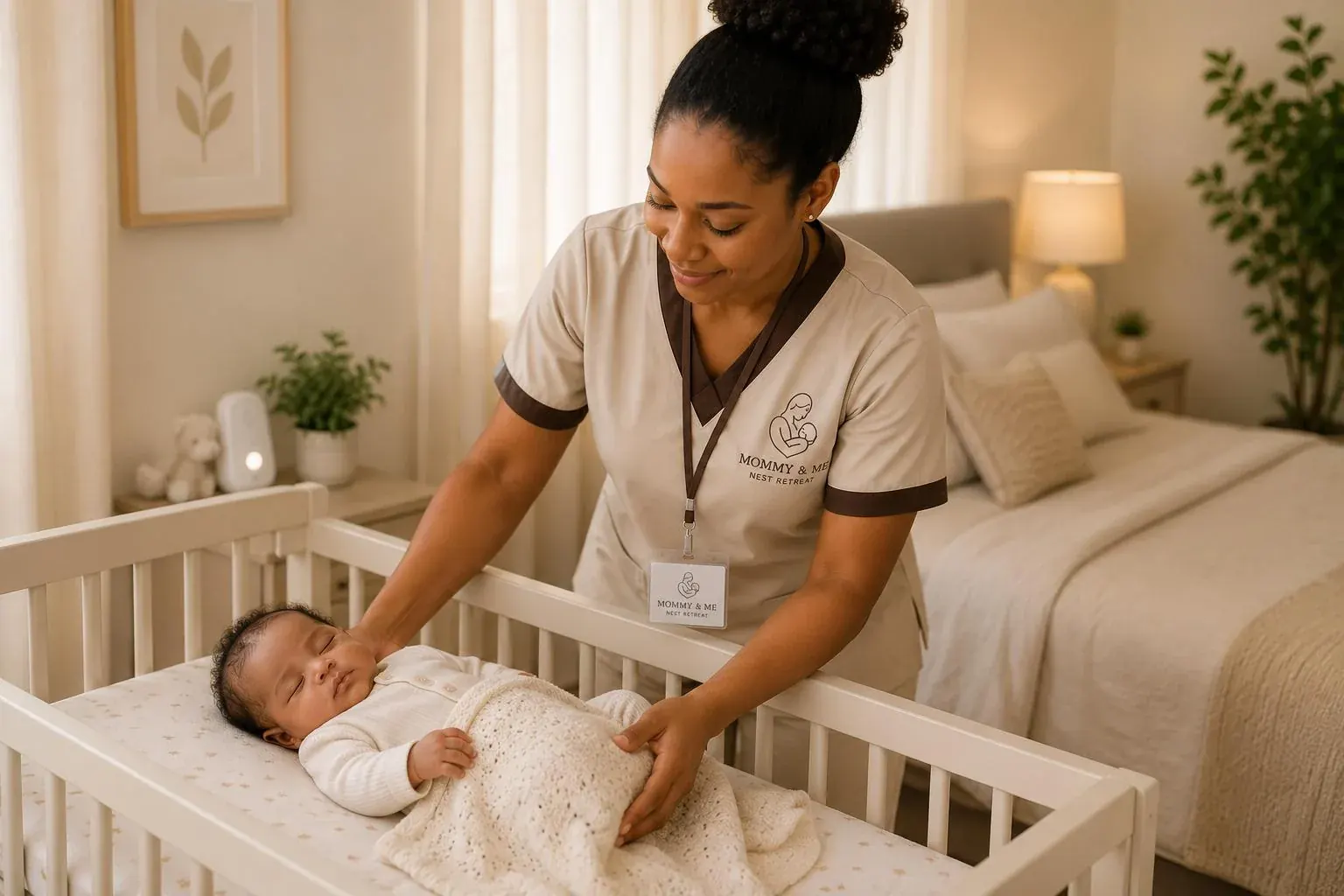 A doula settling a newborn in a cot