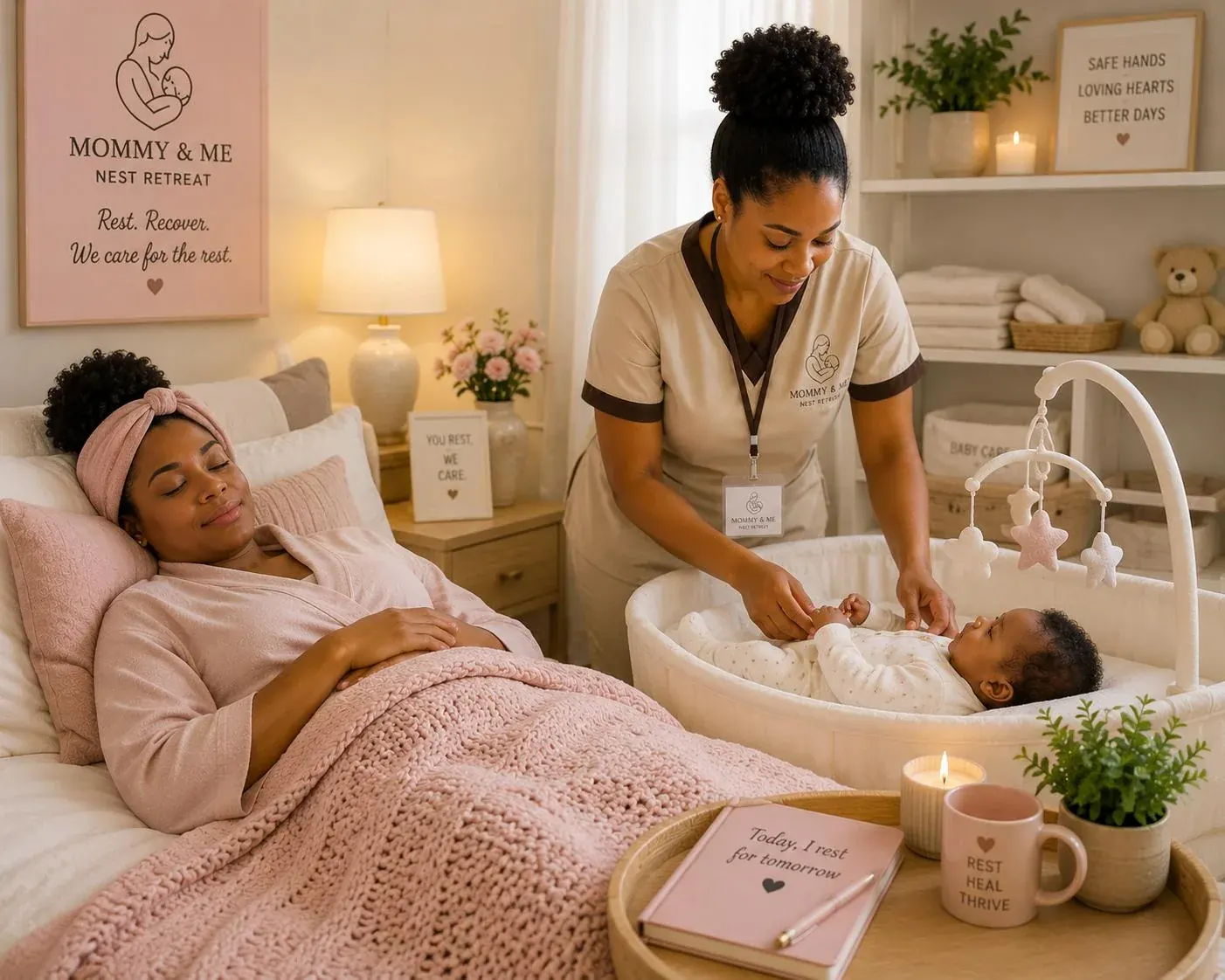 A Mommy and Me caregiver supporting a mother and her newborn at home